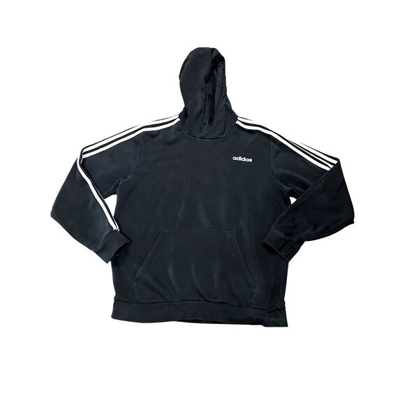 Adidas Black Hoodie White Stripes Kangaroo Pocket Drawstring Size Large Unisex - Picture 8 of 14